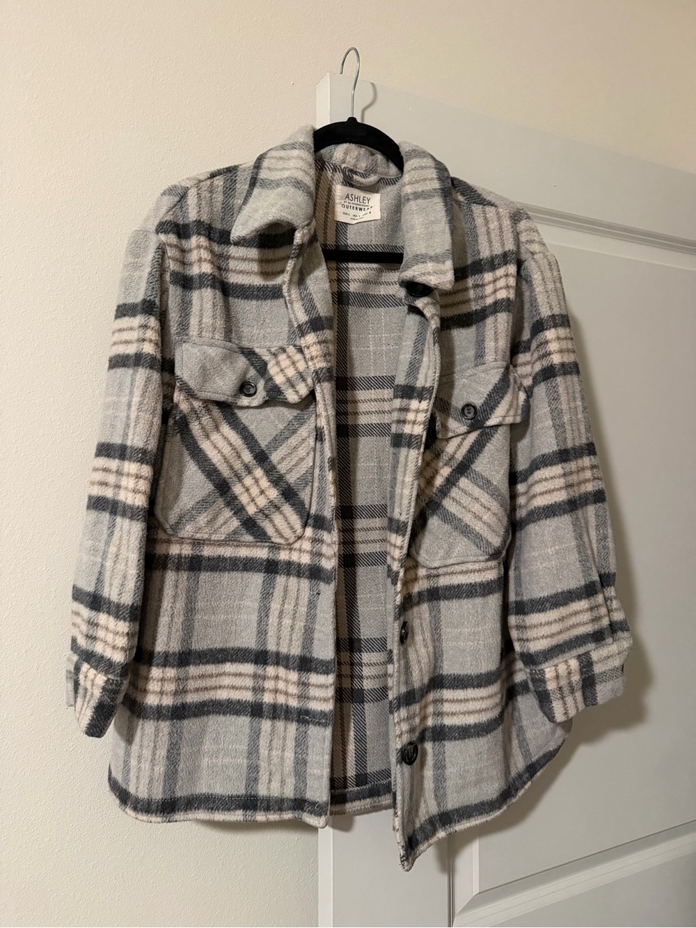 Ashley By 26 International Plaid Shacket - Light Gray, Navy & Cream